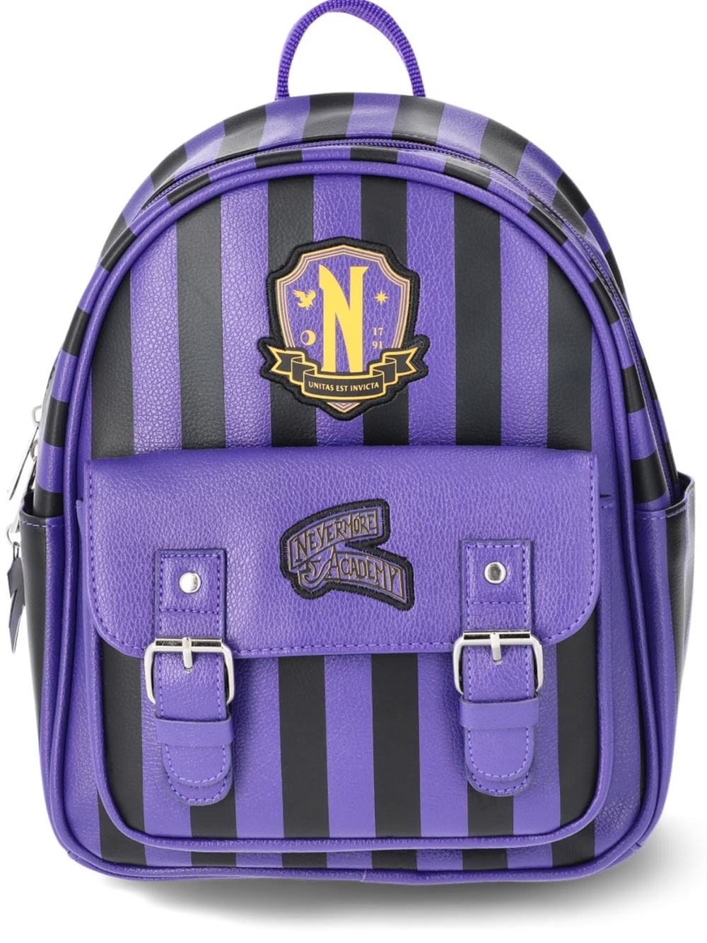 Wednesday Addams Nevermore Academy Women's Striped Mini Backpack, Purple/Black